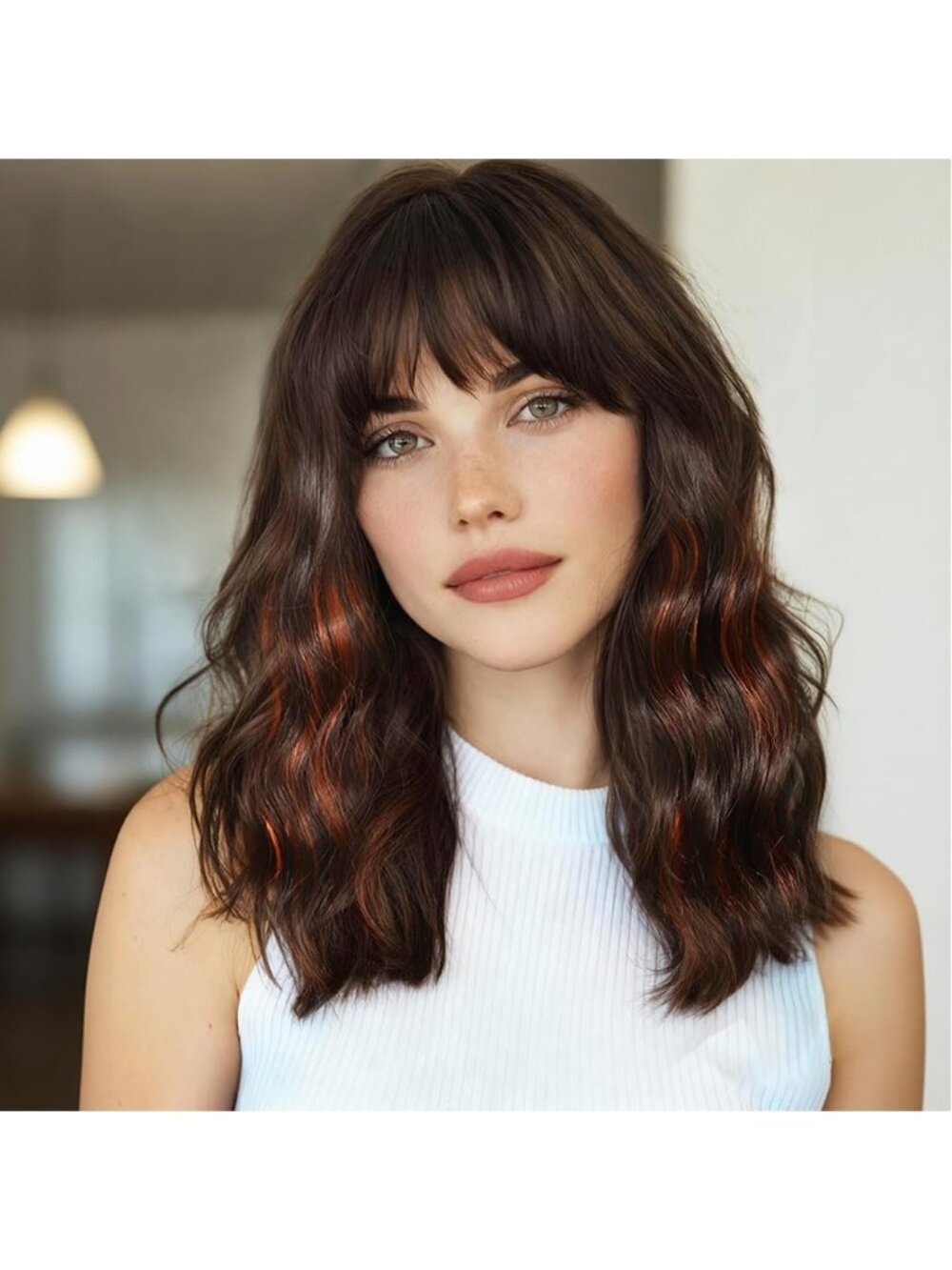 Women's Dark Brown Fashion Short Wavy Curly Natural Bob Wig Synthetic with Bangs
